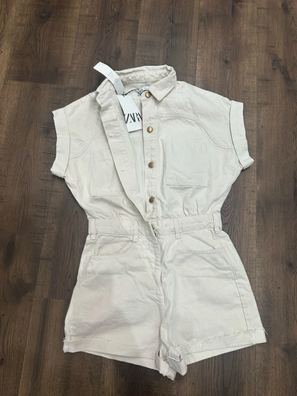 Zara Cream Button-Front Utility Romper - Picture 2 of 4